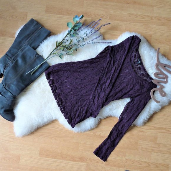 SOLD Longsleeve Sheer Lace Shirt, Eggplant/Plum - Picture 2 of 6